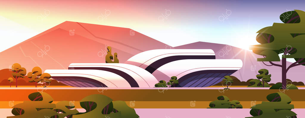 شهر آینده: معماری مدرن با سازه‌های غیرمعمول و درختان سبز در افق غروب