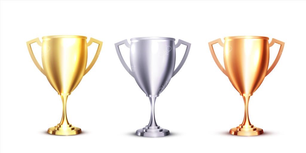 آیکون واقع‌گرایانه با تندیس‌های طلا، نقره و برنز روی پس‌زمینه سفید: طراحی سه‌بعدی واقعی و مجموعه جوایز ورزشی.