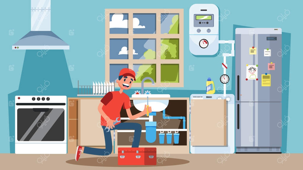 لوله‌کش جوان با لباس کار در حال تعمیر لوله‌های آشپزخانه