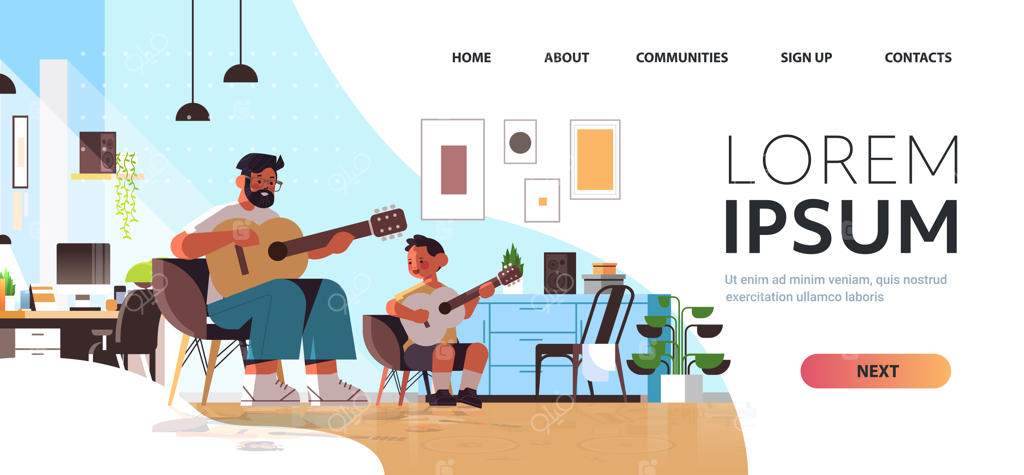 پدری جوان در حال آموزش گیتار به پسر کوچک خود در خانه - مفاهیم پدری و تربیت در فضای داخلی اتاق نشیمن - تصویر وکتور افقی