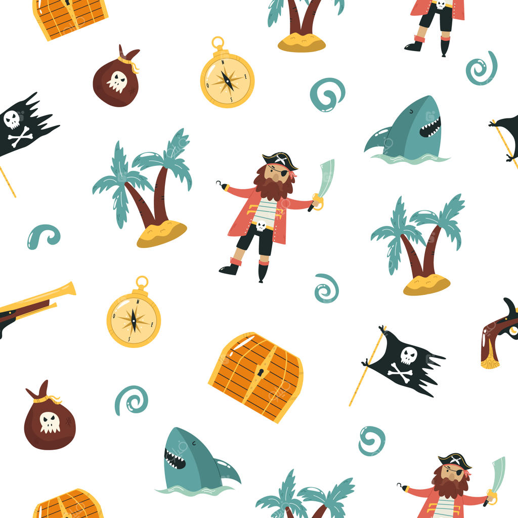 الگوی یکپارچه وکتور با نخل‌های دزدان دریایی، جعبه گنج، کوسه، قطب‌نما و پرچم جولی راجر