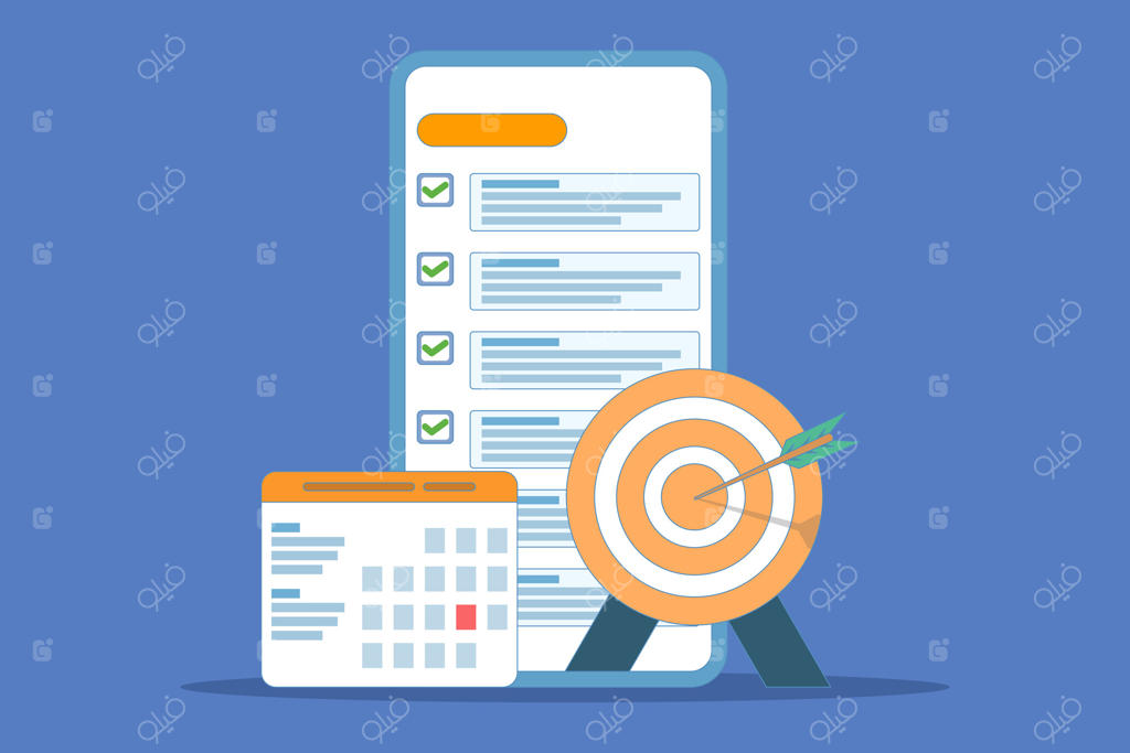 مفهوم موفقیت: لیست اهداف یا برنامه‌های آینده روی صفحه دستگاه. فلش که به هدف اشاره می‌کند و تقویمی کنار گوشی هوشمند. طراحی مینیمالیستی و تخت.