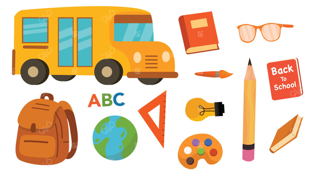 لوازم تحریر مدرسه و تصویر وکتور حرفه‌ای اتوبوس مدرسه
