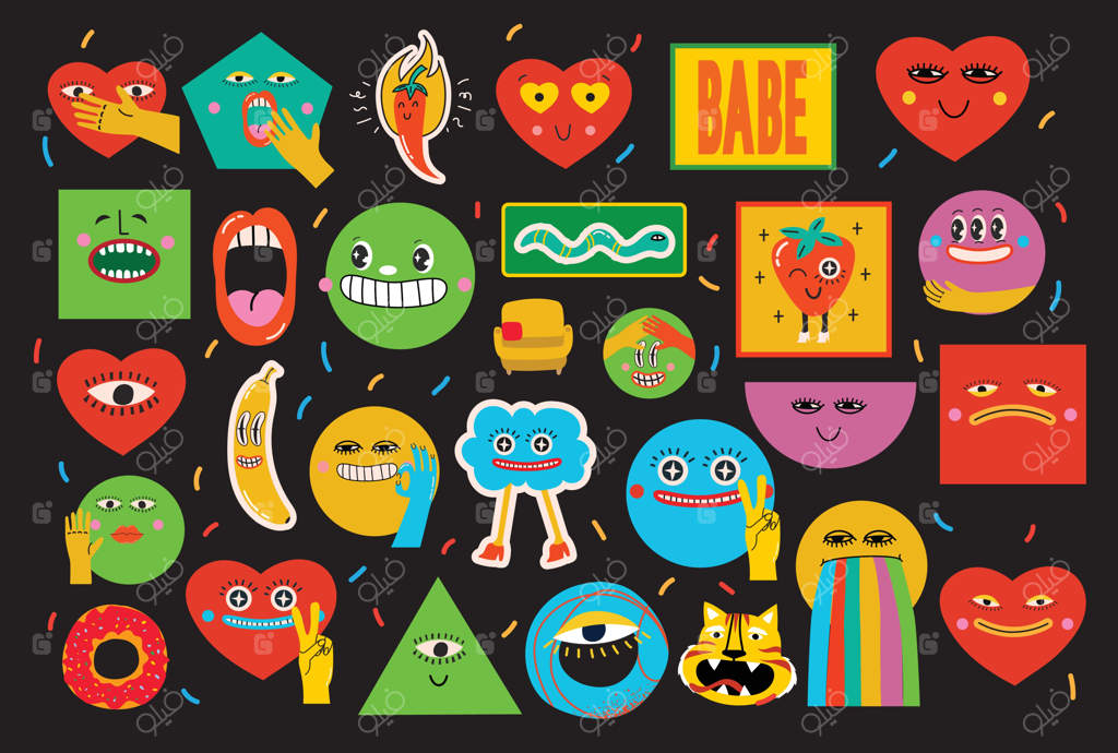 مجموعه بزرگ از وکتورهای رنگارنگ برای پوسترها در طراحی کارتونی تخت شخصیت‌های بامزه و خنده‌دار با اشکال انتزاعی و طرح‌های دست‌کشیده