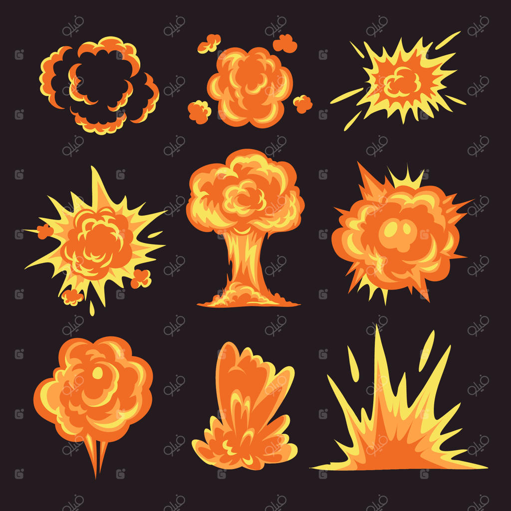 مجموعه‌ای از انفجارهای بمب، انتقال اثر انفجار دود در کارتون. انفجارهای آتشین و جلوه‌های انفجار به سبک کمدی. رنگارنگ و پویا در طیف‌های نارنجی و زرد.