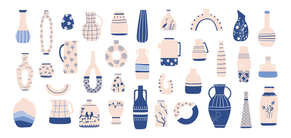 گلدان چینی با طرح شرقی، آنتیک آبی. مجموعه‌ای از گلدان‌ها، تنگ‌ها، قوری‌ها و ظروف چینی برای دکوراسیون داخلی، طراحی وکتور