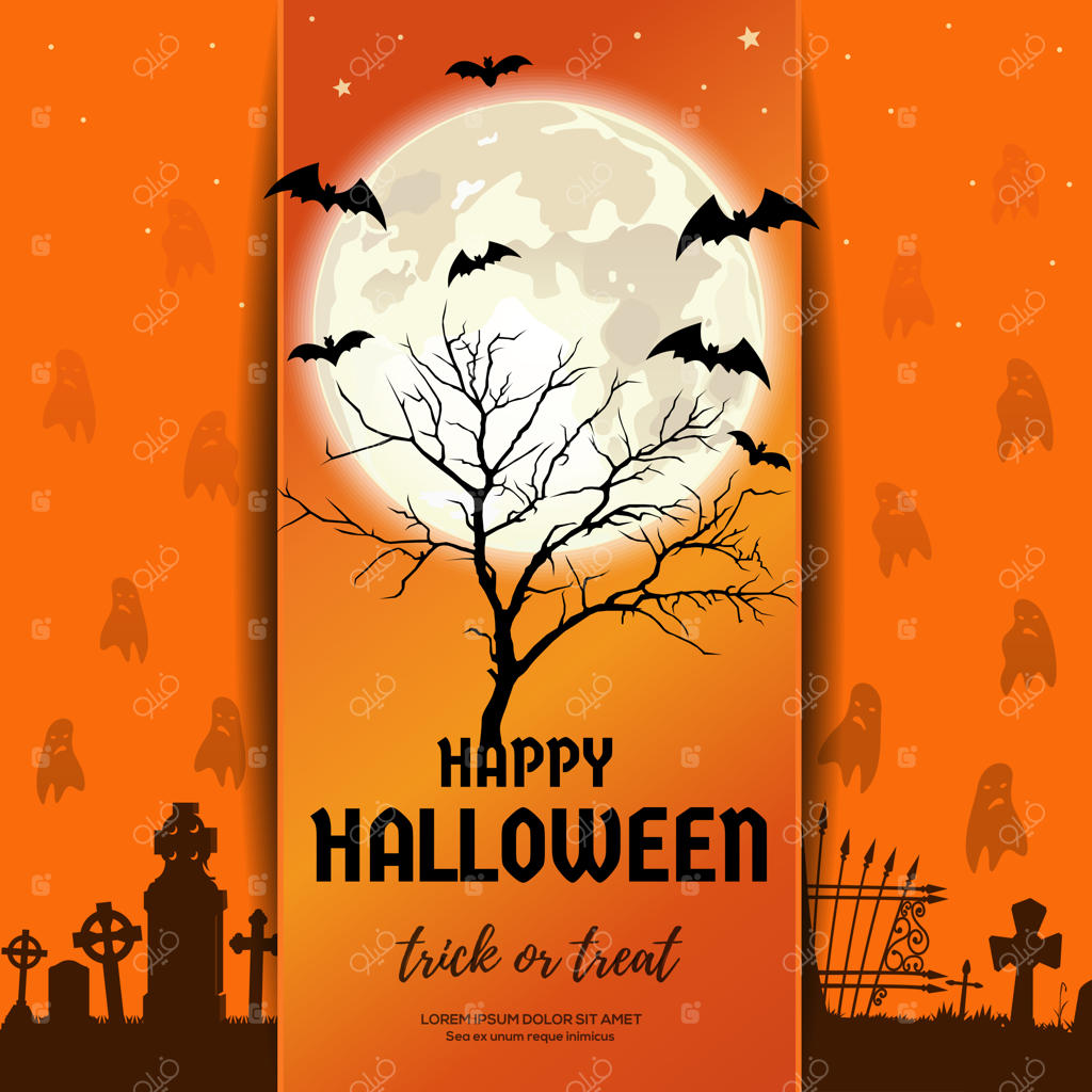 طراحی هالووین: درخت خشکیده در قبرستان با ارواح در پس‌زمینه‌ ماه کامل.