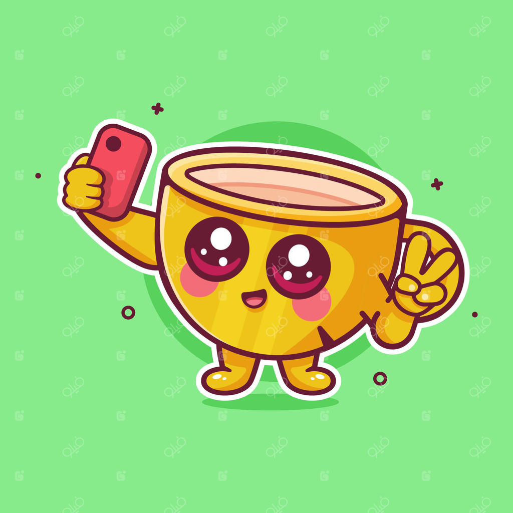 شخصیت کارتونی فنجان قهوه شاد در حال گرفتن سلفی با گوشی هوشمند