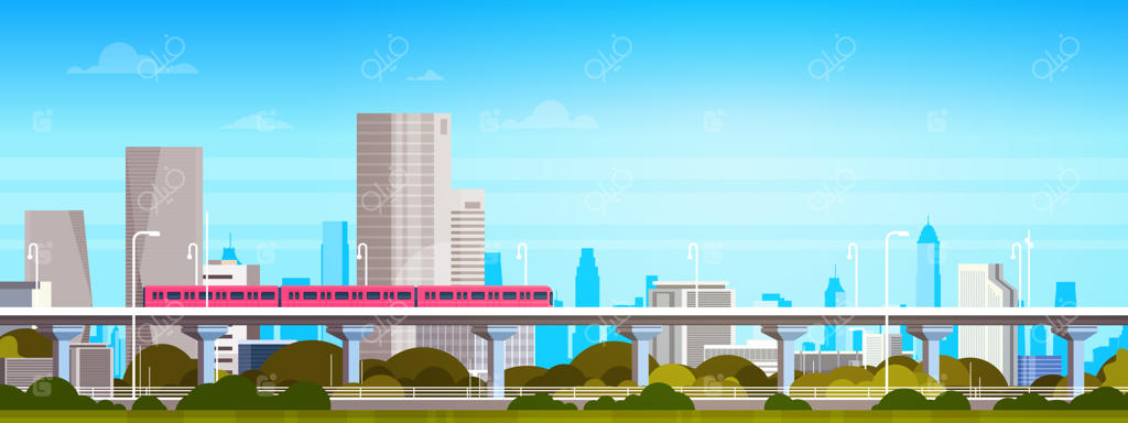 قطار مترو در پانورامای شهری مدرن با آسمان‌خراش‌های بلند - تصویرسازی چشم‌انداز شهری