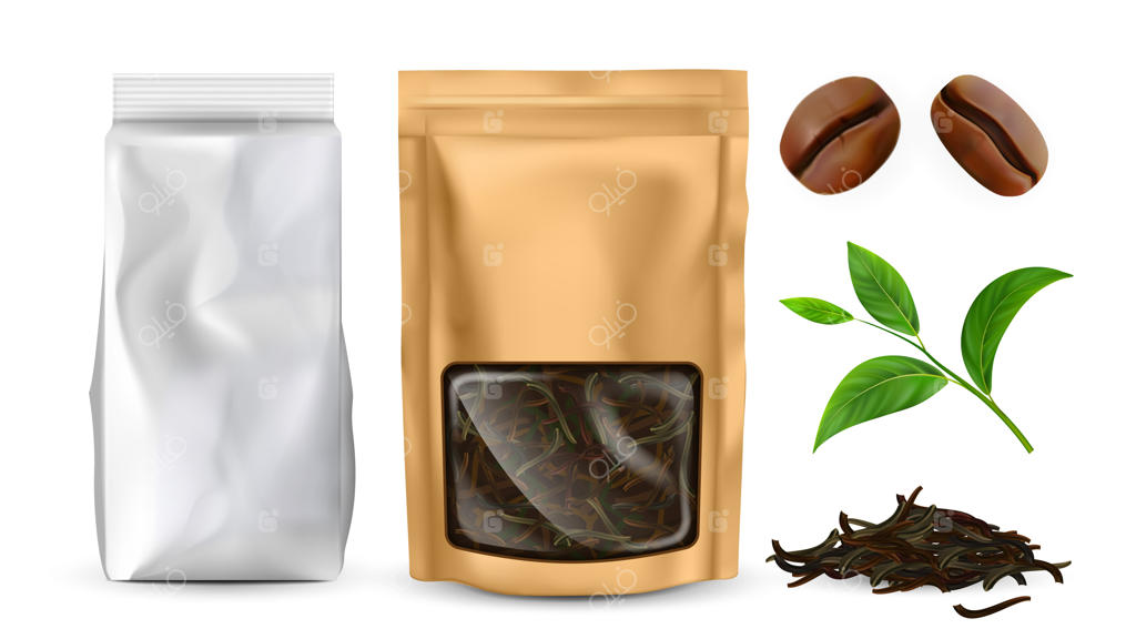 پترن بسته‌بندی چای کیسه‌ای و قهوه: موکاپ بسته قهوه و چای. کیسه فویلی با زیپ. ظرف پلاستیکی تمیز عربیکا - تصویرسازی واقعی‌گرایانه وکتور.