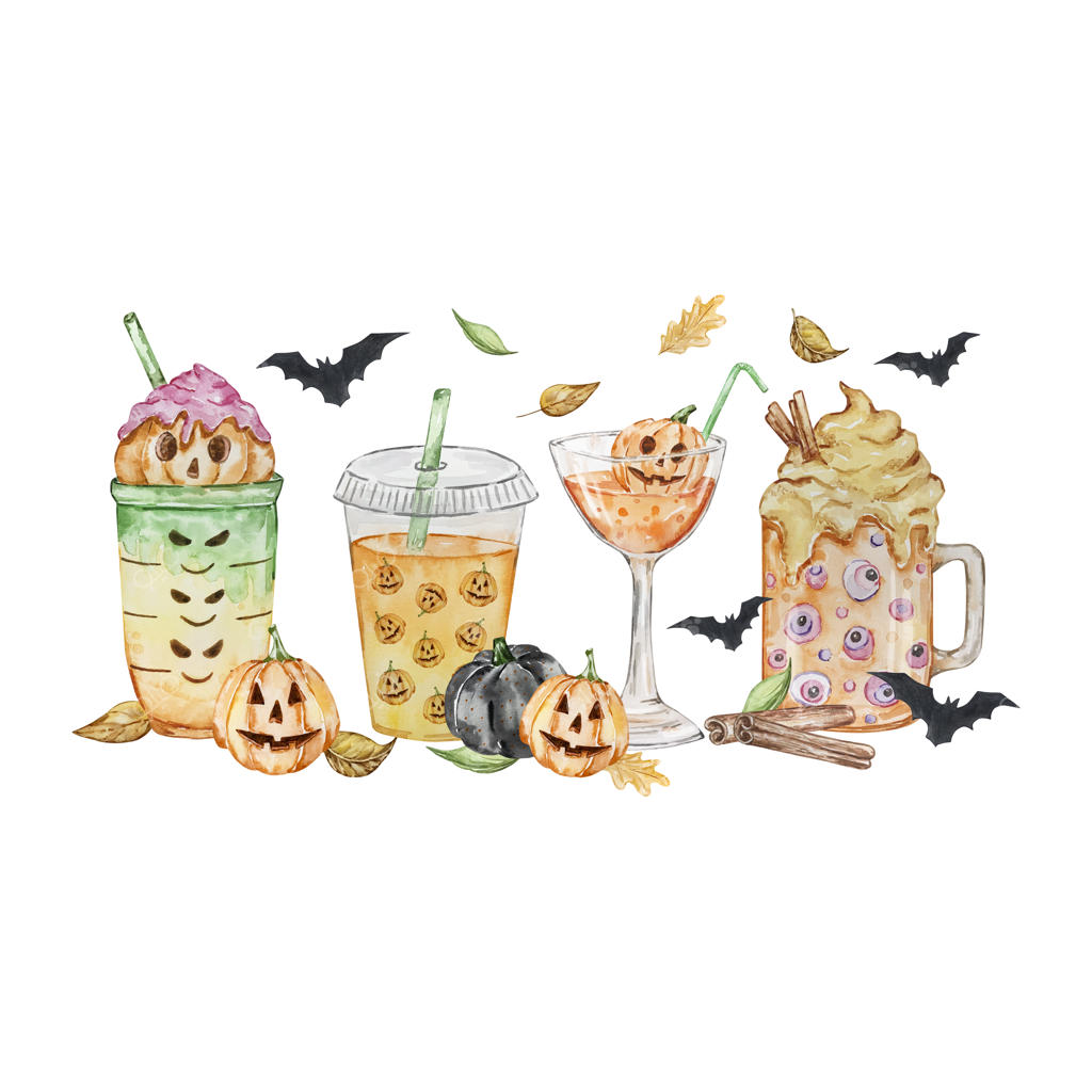تصویر رنگ‌آمیزی آبرنگی هالووین با نوشیدنی‌ها و شیرینی‌های ترسناک