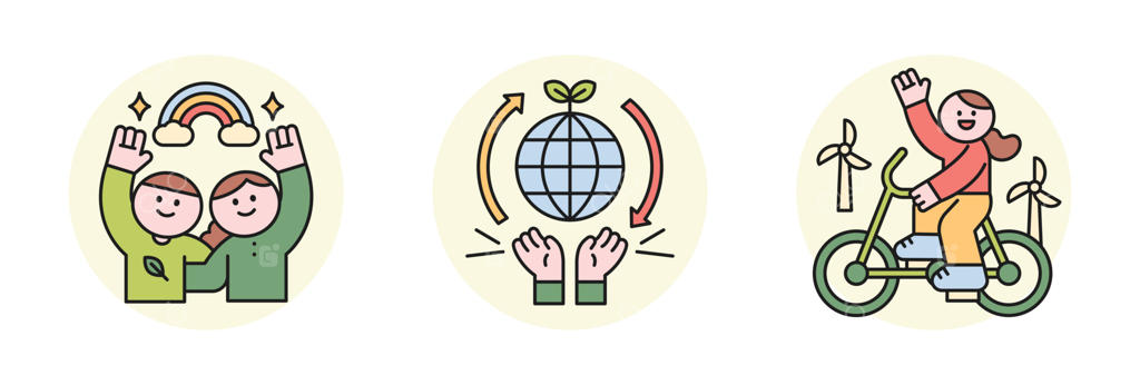 فعالیت‌های حفاظت از محیط زیست: مشارکت مردم با رنگین‌کمان و دستانی که زمین را حفظ می‌کنند. مردم با دوچرخه‌سواری در جهت حفظ محیط زیست.