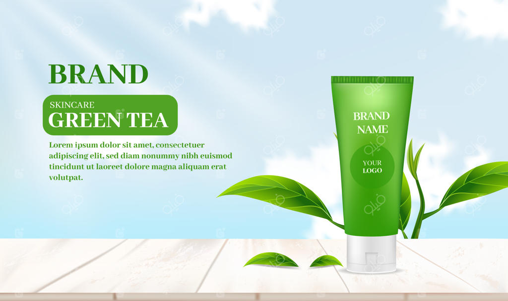 قالب تبلیغاتی محصولات مراقبت از پوست با پس‌زمینه چای سبز و نمای آسمان