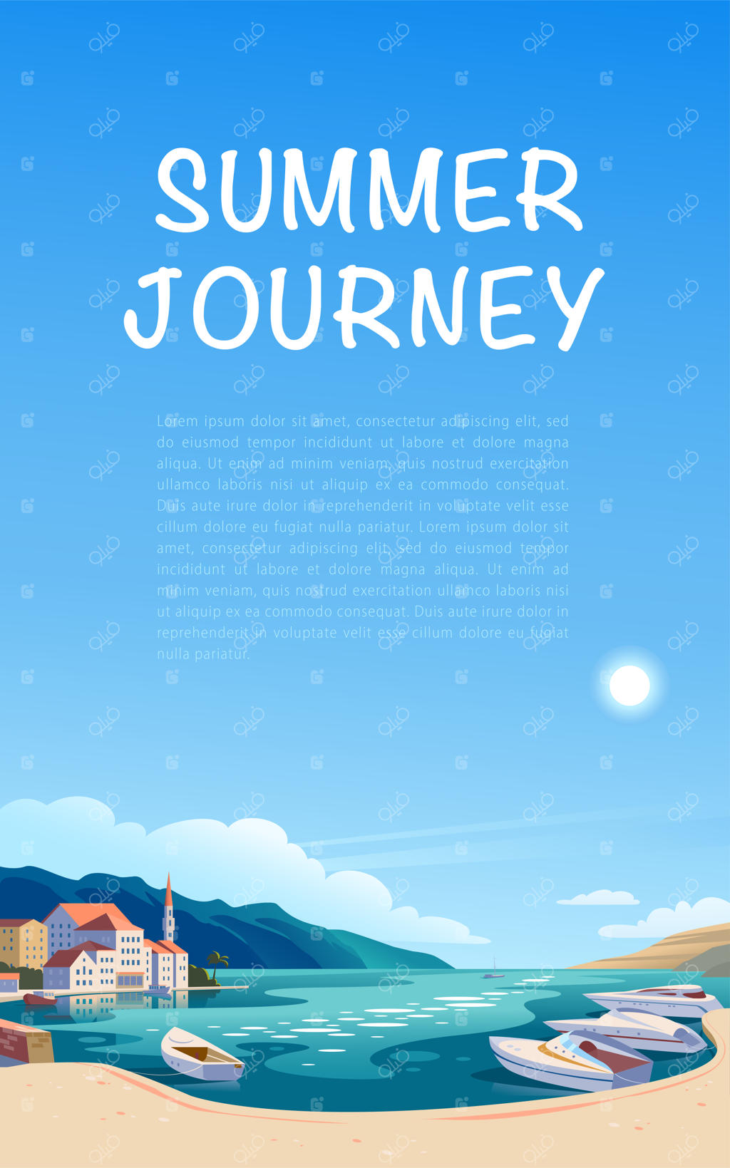 تصویرسازی منظره مسطح وکتور از نمای زیبای طبیعت: آسمان، کوه‌ها، آب، خانه‌های دنج اروپایی در ساحل دریا. مناسب برای بنر سفر، کارت، تبلیغات گردشگری، بروشور و فلایر.