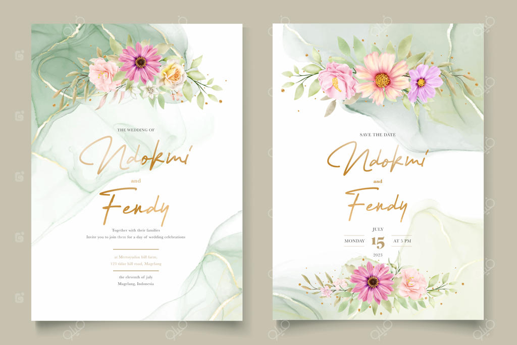 ست کارت دعوت عروسی با طراحی آبرنگ گل داوودی