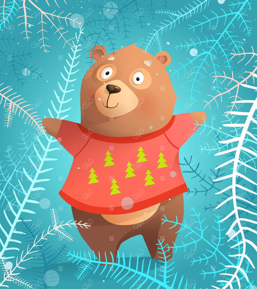 تصویر بچه خرس بامزه با سویشرت زمستانی، کارت تبریک کریسمس. کاراکتر خرس برای کودکان، کارتون حیوانات خوشحال و شاد. تصویرسازی کودکانه به سبک آبرنگ.