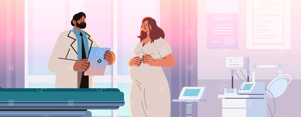 زن باردار خوشحال به دکتر مراجعه می‌کند: مفهوم مشاوره بارداری و مادرانه ویزیت زنان در بیمارستان مدرن، تصویرسازی وکتور