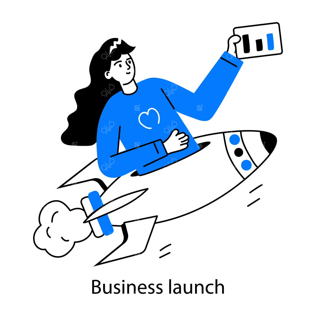 تصویر کارتونی زنی سوار بر تخته‌ای با طرح قلب آبی