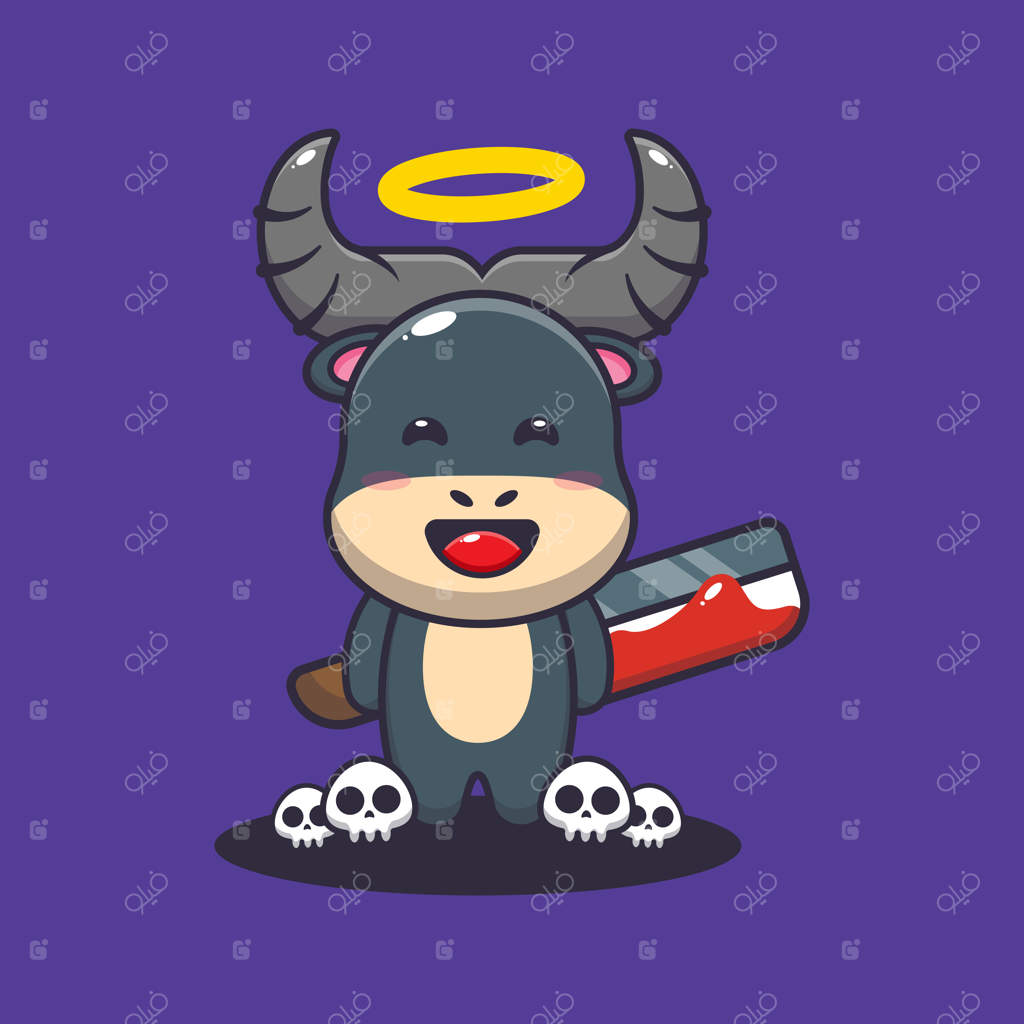 فرشته بد بوفالو با قمه خونین در روز هالووین. تصویر کارتونی بامزه هالووین.