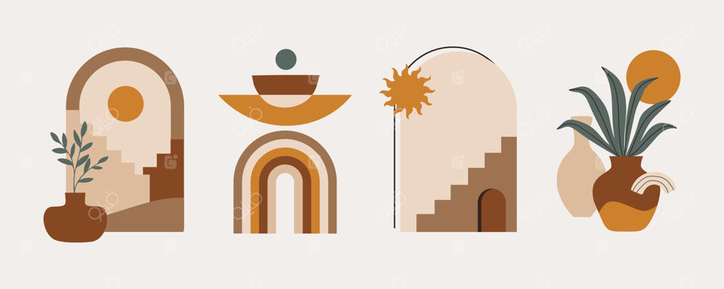 مجموعه مدرن و زیبای اشکال هندسی متعادل با طرح‌های بوهویی شامل پله‌ها و گیاهان برای دکور دیواری