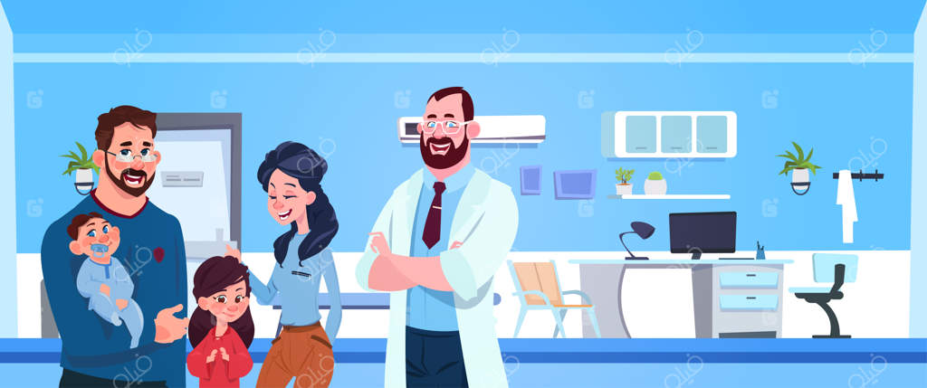 پزشک خانواده با والدین خوشحال و کودکان در اتاق بیمارستان کودکان