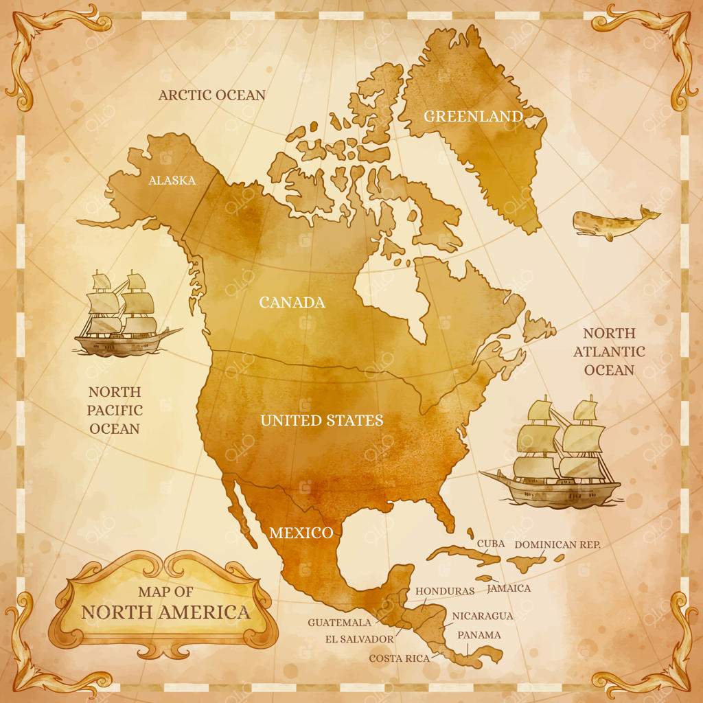 نقشه قدیمی آمریکا به سبک آبرنگی