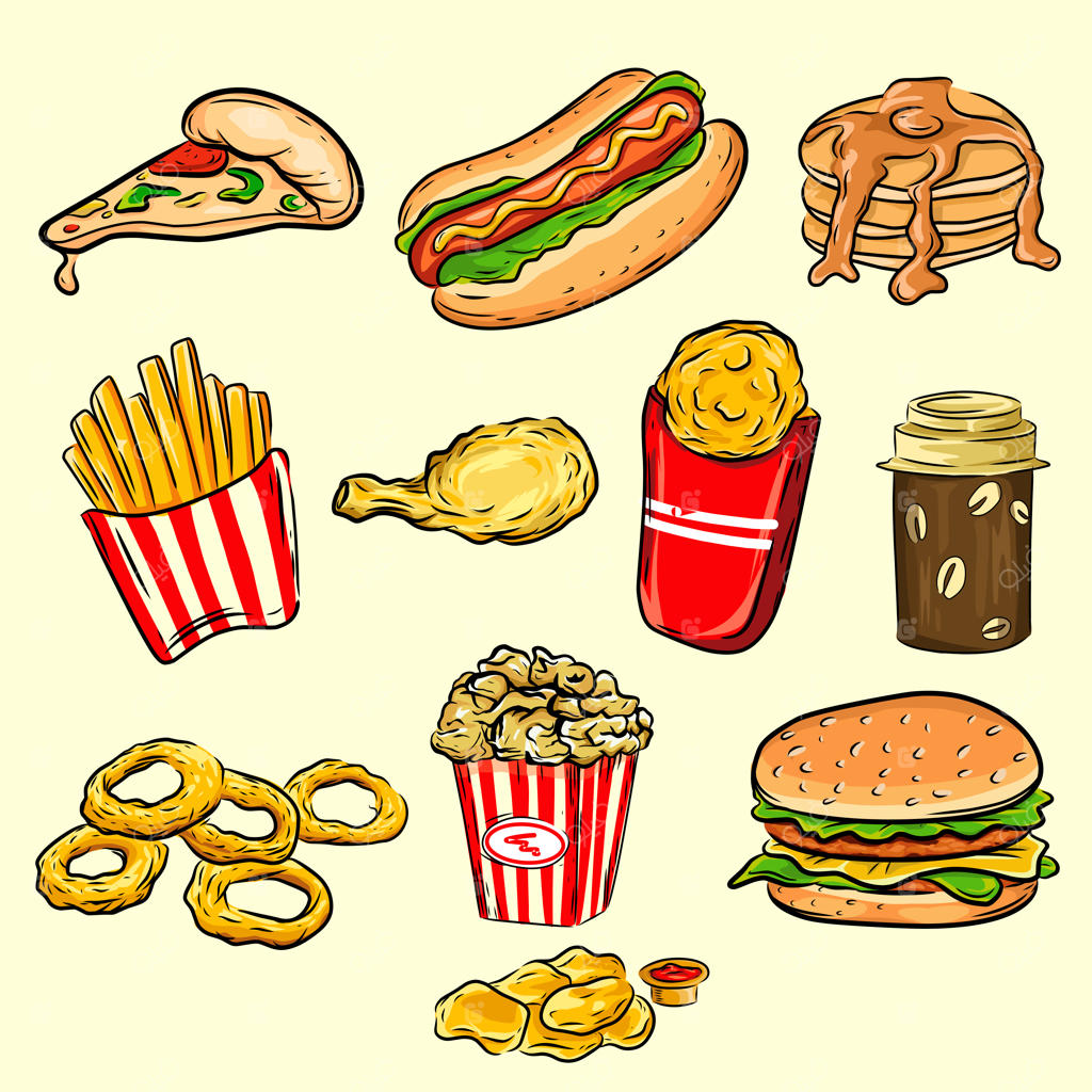 مجموعه‌ای از آیکون‌های کارتونی رنگارنگ فست فود. وکتور جداگانه.