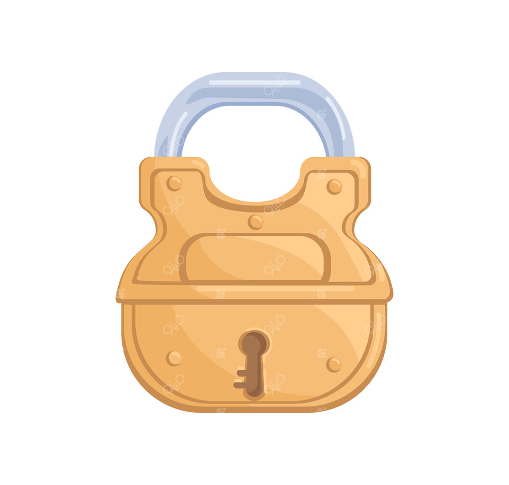 قفل آویزان برنجی براق با زنجیر فلزی بسته و سوراخ کلید: نمادی از حفاظت قوی. طراحی کارتونی وکتور، جداسازی شده بر روی زمینه سفید.