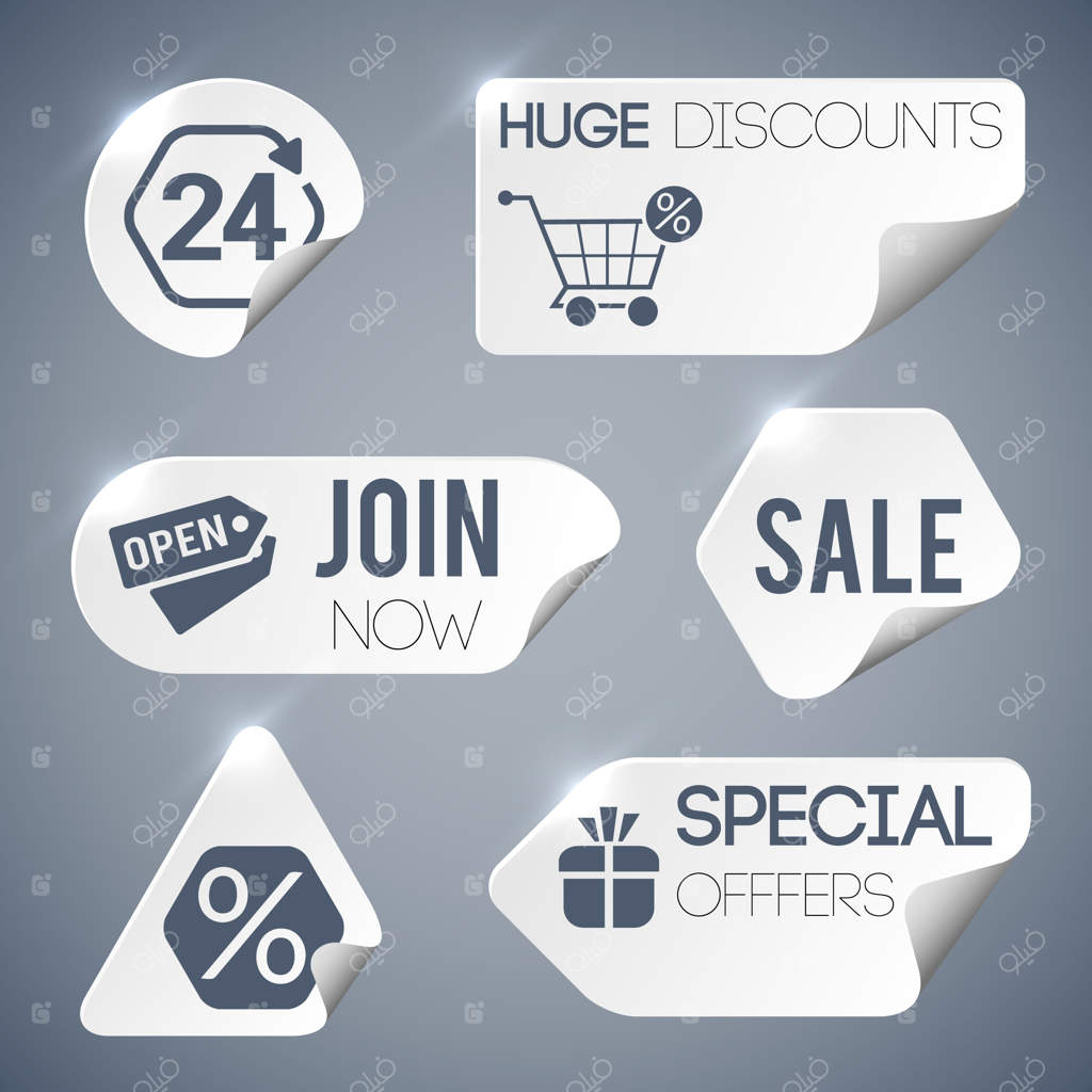 مجموعه برچسب‌های خاکستری فروش و خرده‌فروشی با نمادهای پیشنهادات ویژه به سبک کاغذی، تصویرسازی جداگانه