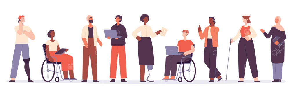 طرح وکتور گروه متنوع کارمندان و افراد شاغل با سبک فلت؛ مفهوم کار تیمی و فراگیری با حضور شخصیت‌های مسلمان، سیاه‌پوست و دارای معلولیت