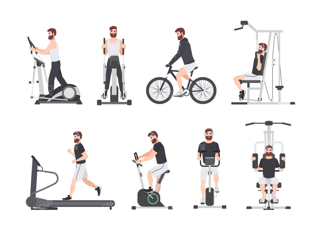 مرد ریش‌دار با لباس ورزشی روی دستگاه‌های ورزشی در باشگاه تمرین می‌کند