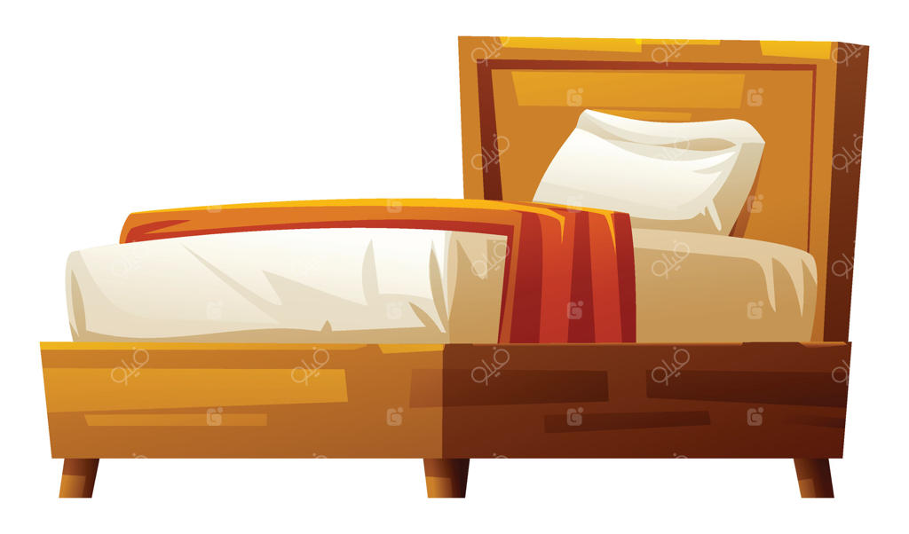 تخت چوبی مدرن با تشک سفید، پتوی نارنجی و بالش سفید برای اتاق مینیمال. تصویر کارتونی