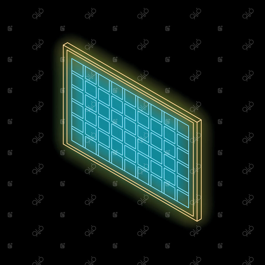 پنل خورشیدی نئون درخشان نماد انرژی تجدیدپذیر بر پس‌زمینه سیاه