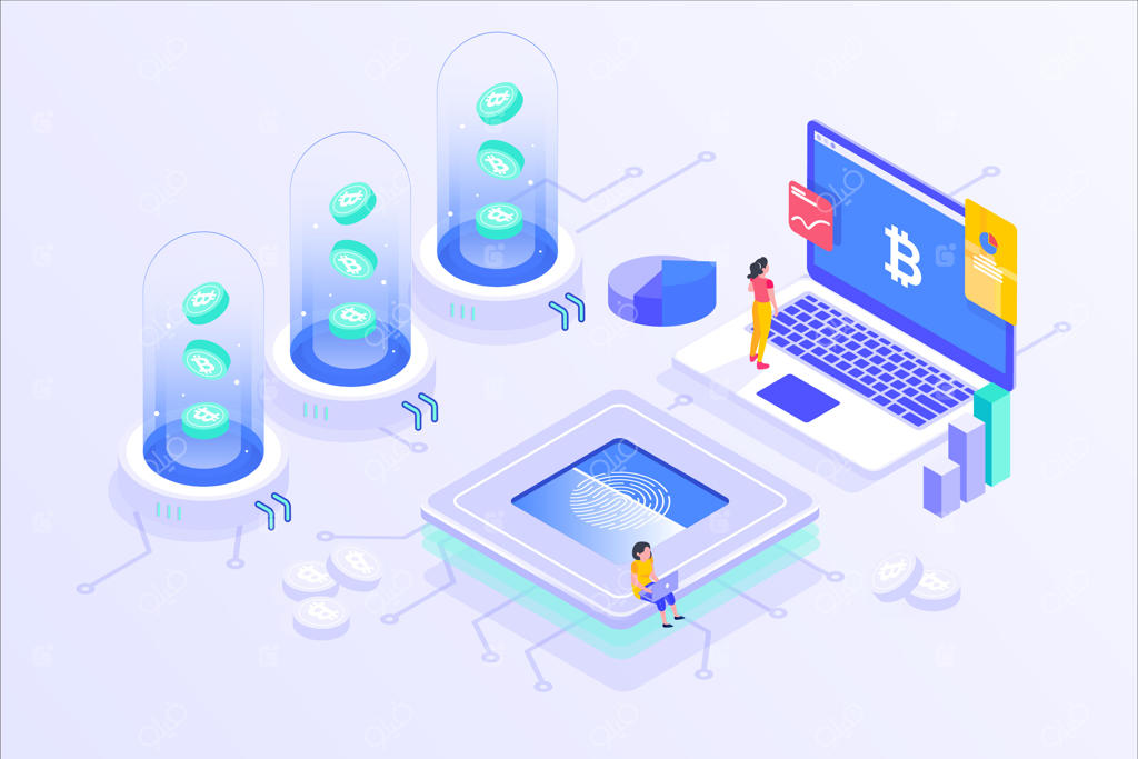 طراحی ایزومتریک سرور آنلاین ماینینگ بیت‌کوین در دنیای بلاکچین و ارزهای دیجیتال