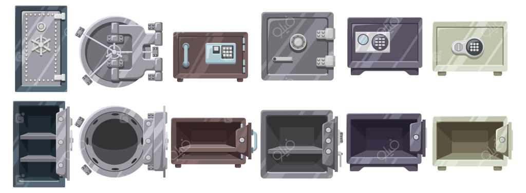 مجموعه وکتور: درب باز گاوصندوق بانک، قفل رمزی، و جعبه‌های امن خالی با درهای باز و بسته