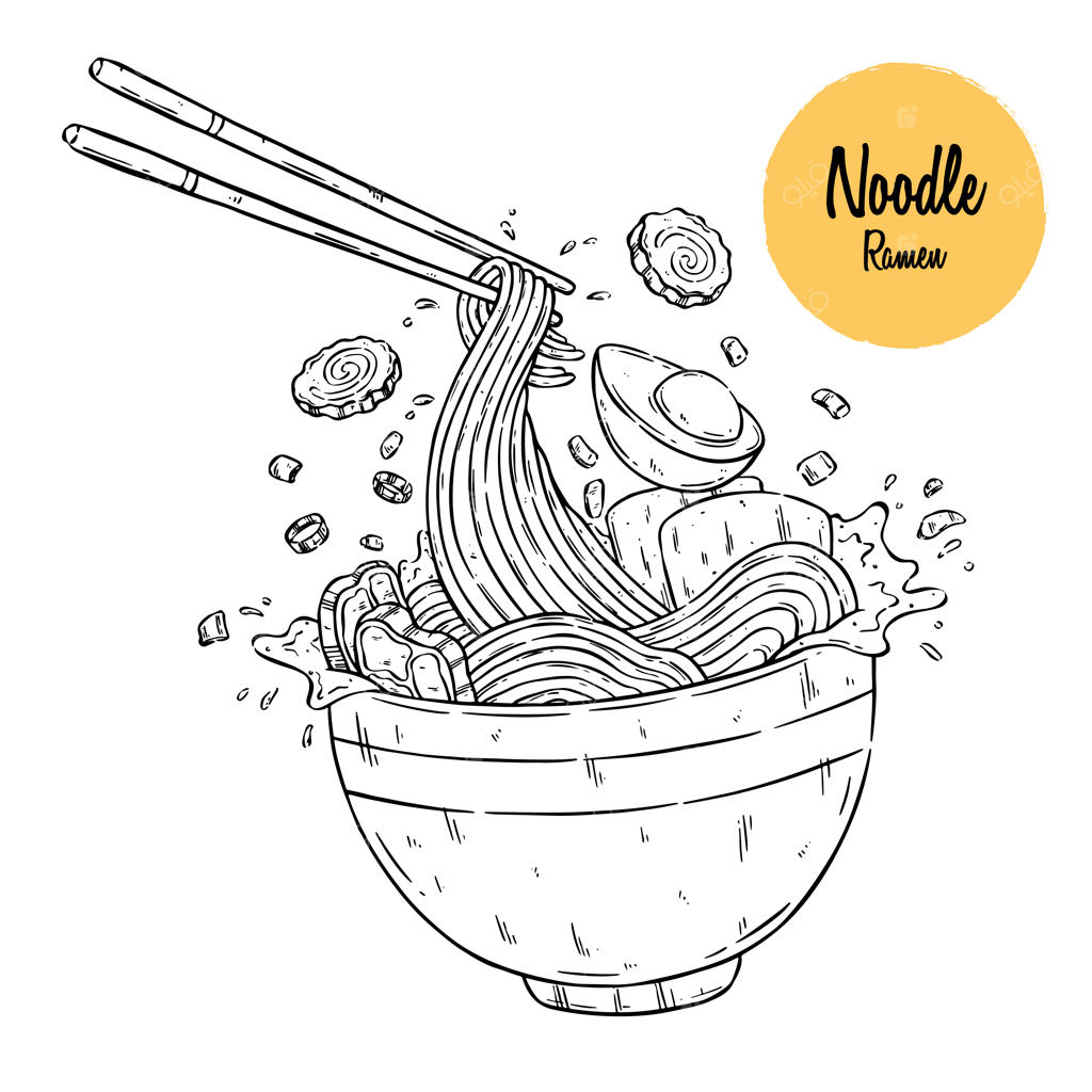 طرحه‌ای از نودل آسیایی پروازکننده از کاسه با چاپستیک‌ها. نودل ژاپنی، طرح وکتور