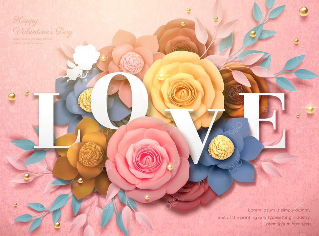 طرح روز ولنتاین مبارک با گل‌های کاغذی رنگارنگ به صورت سه‌بعدی