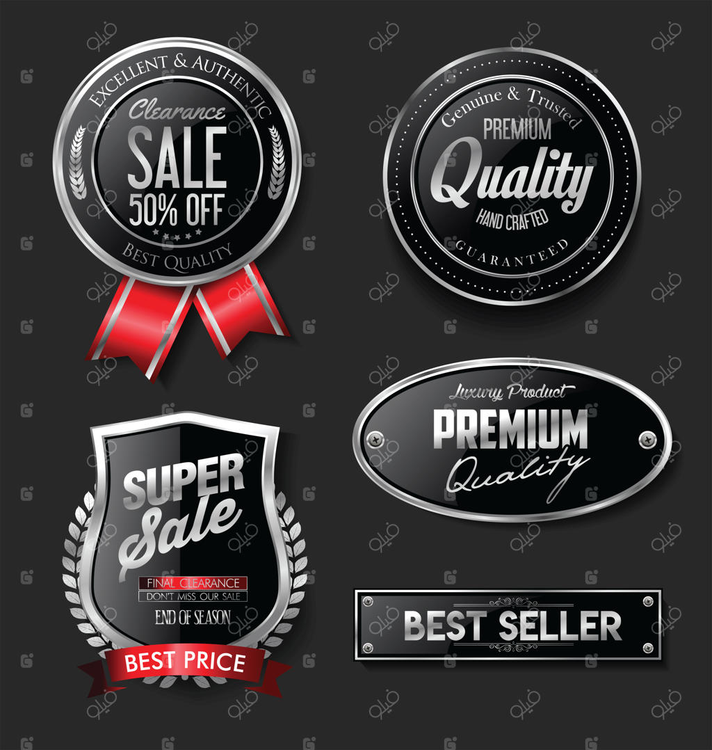 مجموعه‌ای از نشان‌ها و برچسب‌های نقره‌ای و سیاه