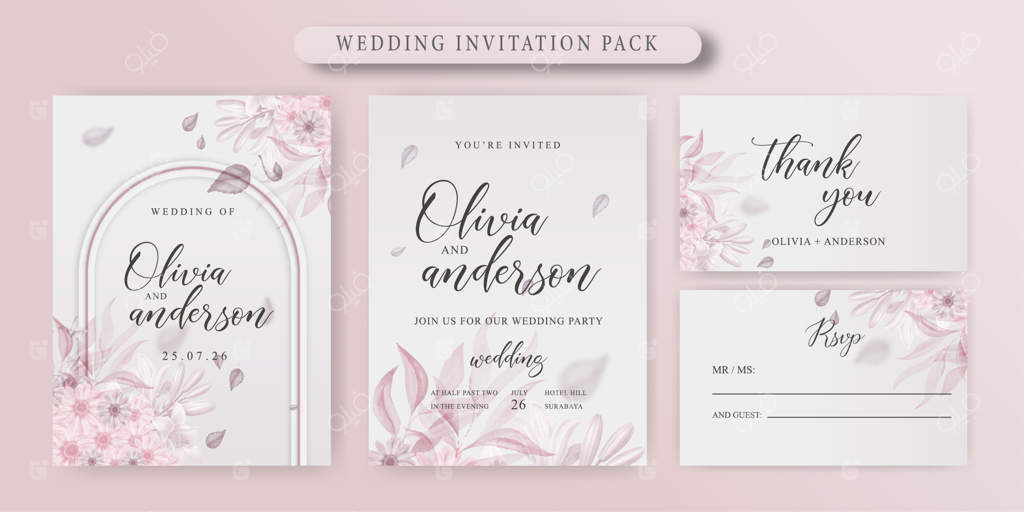 پک دعوت‌نامه عروسی صورتی همراه با پاسخ و تشکر