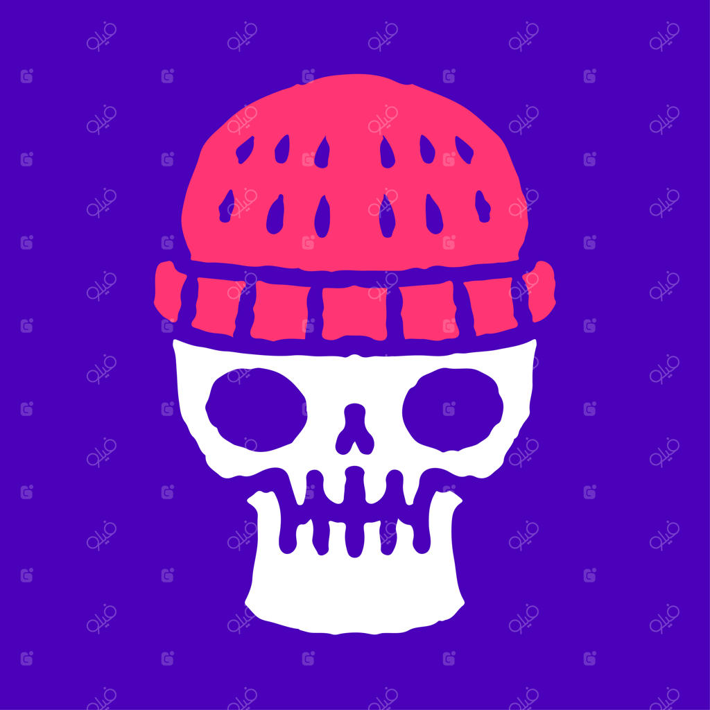 جمجمه کارتونی با کلاه بافتنی، طراحی برای تی‌شرت، برچسب یا لباس.