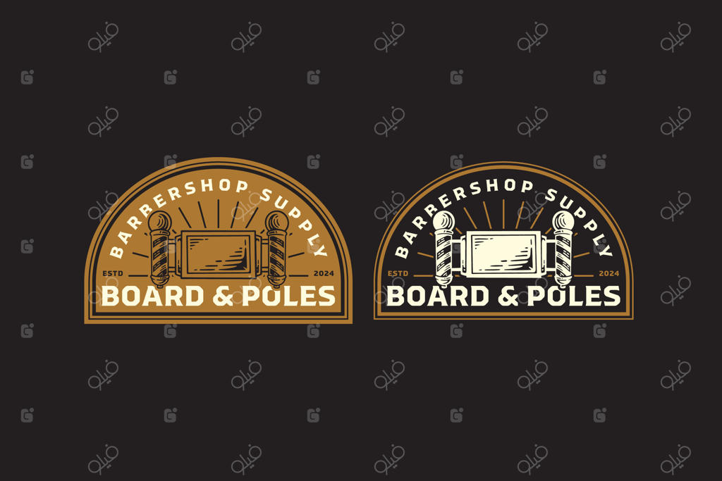 طراحی نشانه و لوگوی قدیمی با تابلو و دو میله چراغ برای آرایشگاه و سلمانی مردانه