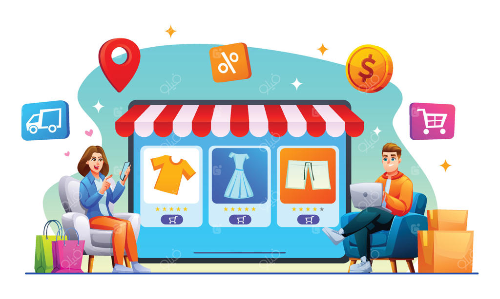 مرد و زن در حال خرید آنلاین با لپ‌تاپ و گوشی هوشمند همراه با فروشگاه اینترنتی روی صفحه تبلت بزرگ - تصویر کارتونی وکتور