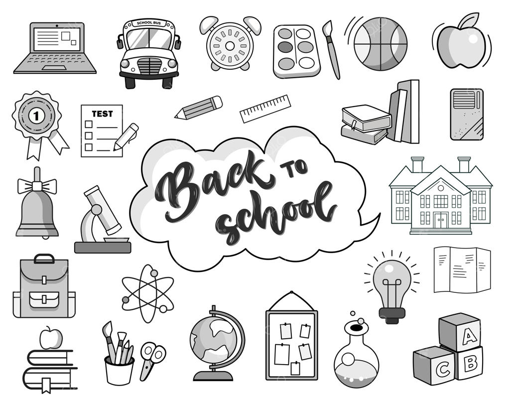 نمادهای بازگشت به مدرسه: مجموعه‌ای از نمادهای تک‌رنگ مدرسه. نمادهای کارتونی آموزش و مدرسه.