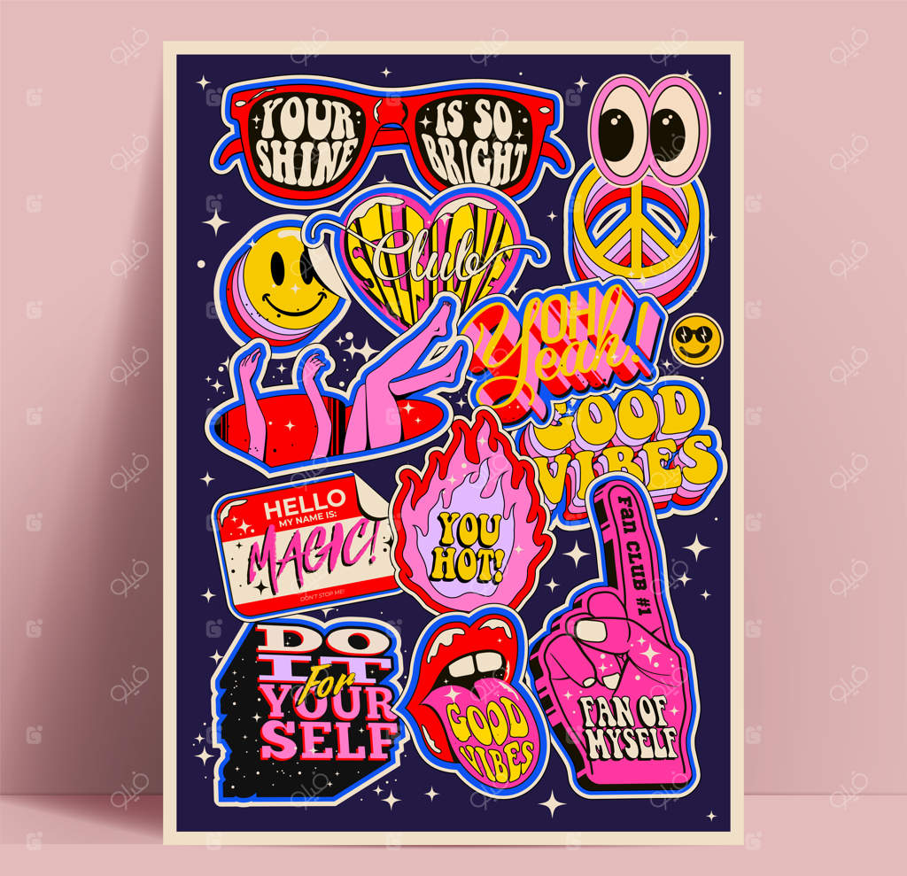 طراحی پوستر یا کارت انگیزشی با کلاژی از برچسب‌های نوستالژیک و رنگارنگ الهام‌بخش