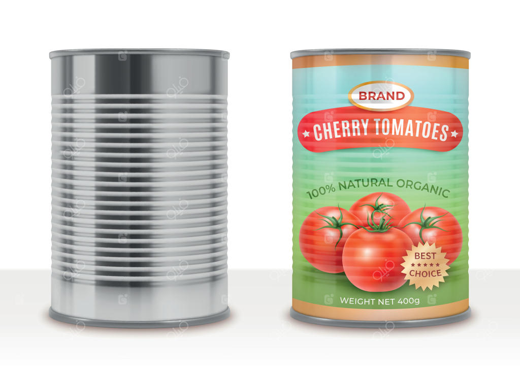 مجموعه وکتور: قوطی و برچسب خالی گوجه‌فرنگی‌های گیلاسی کنسرو شده با جزئیات واقعی سه‌بعدی