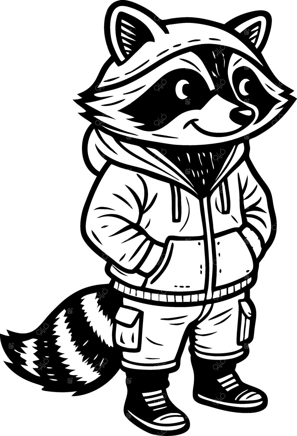 شخصیت کارتونی راکون بامزه با هودی و کتانی برای طراحی‌های کودکانه و تصویرسازی‌های شاد