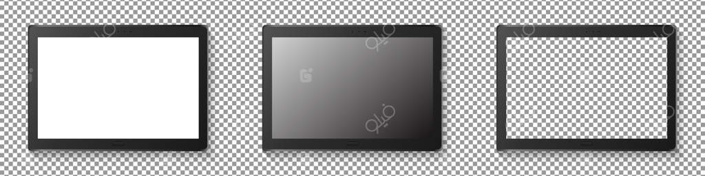 ست تبلت مدرن: نمایشگر تبلت واقع‌گرایانه در زمینه شفاف. تصویرسازی واقعی.