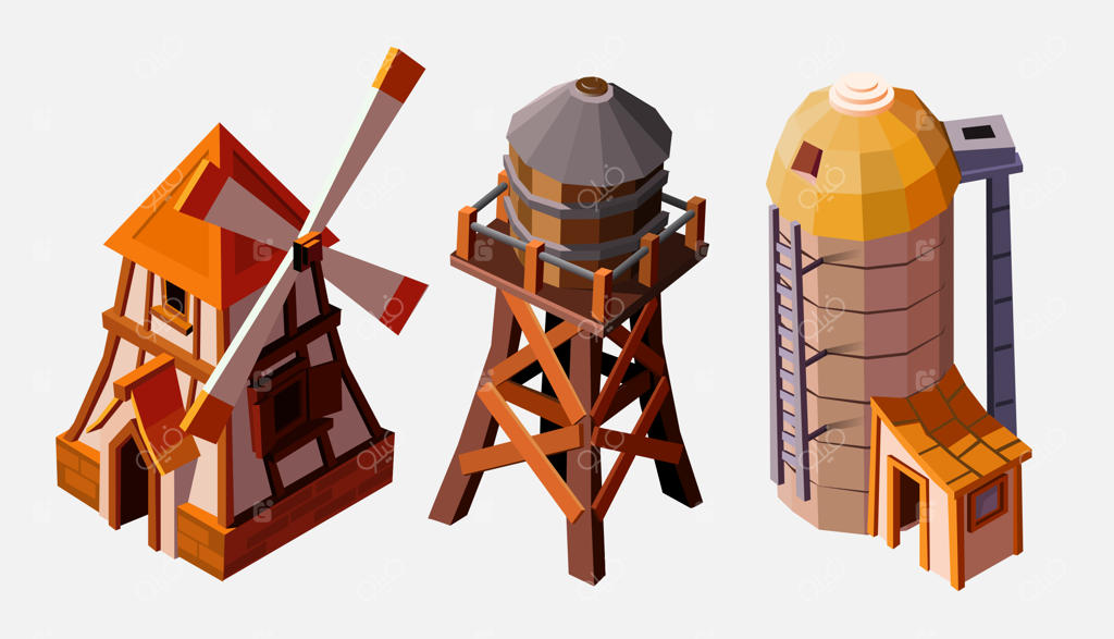 مجموعه‌ای از بناهای ویژه مزرعه: برج آب، سیلو و آسیاب بادی. ساختمان‌های مجموعه به‌صورت منفرد برای طراحی‌های کارتونی سه‌بعدی و گرافیک بازی‌ها