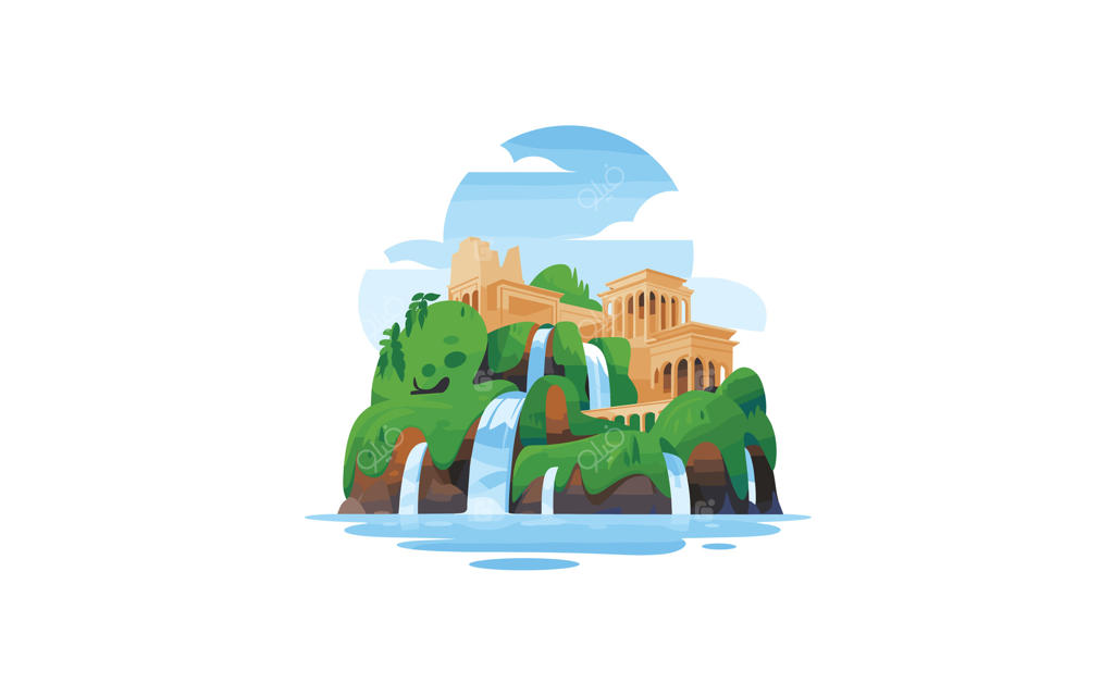 تصویرسازی شهر باستانی روم با آبشارهای سرازیر؛ منظره‌ای فانتزی با معماری کلاسیک، طبیعت سرسبز و آب‌های آبی آرام برای پروژه‌های هنری دیجیتال