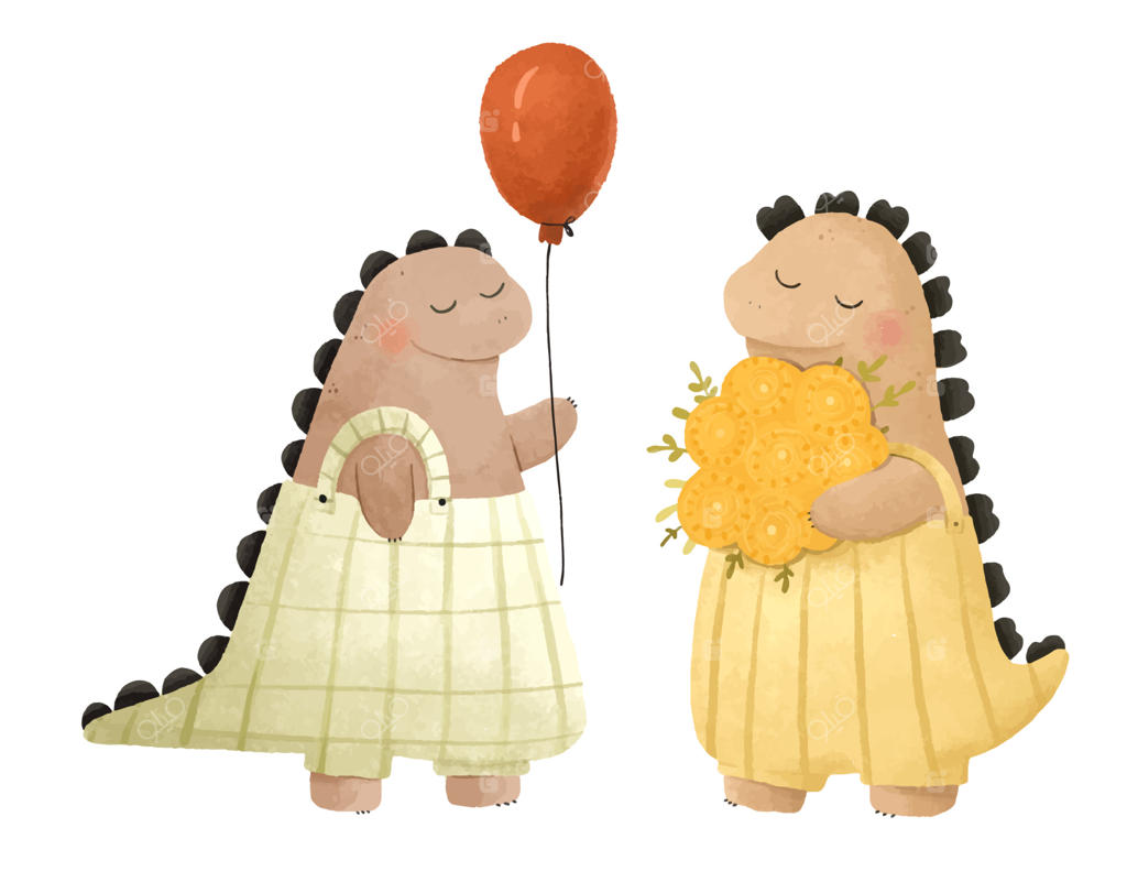 تصویرسازی دایناسور بامزه؛ دایناسورهای کارتونی و خنده‌دار در جشن تولد با کادو و بادکنک در پس‌زمینه سفید